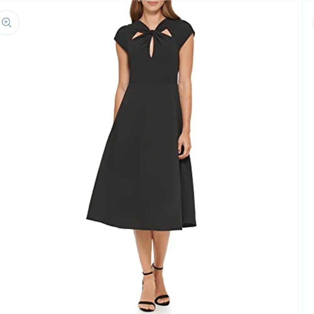 DKNY Women's Short Sleeve Scuba Crepe Twist Neck Midi, Black size 10
